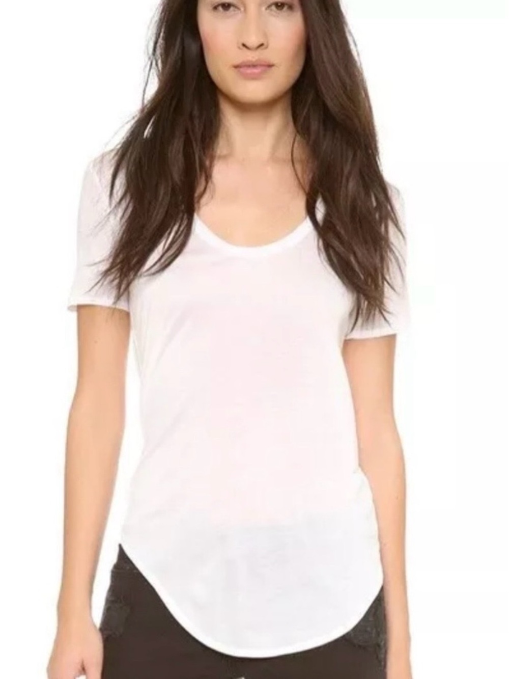 Helmut Lang Deep scoop neck semi sheer curved hem short sleeve white T-Shirt